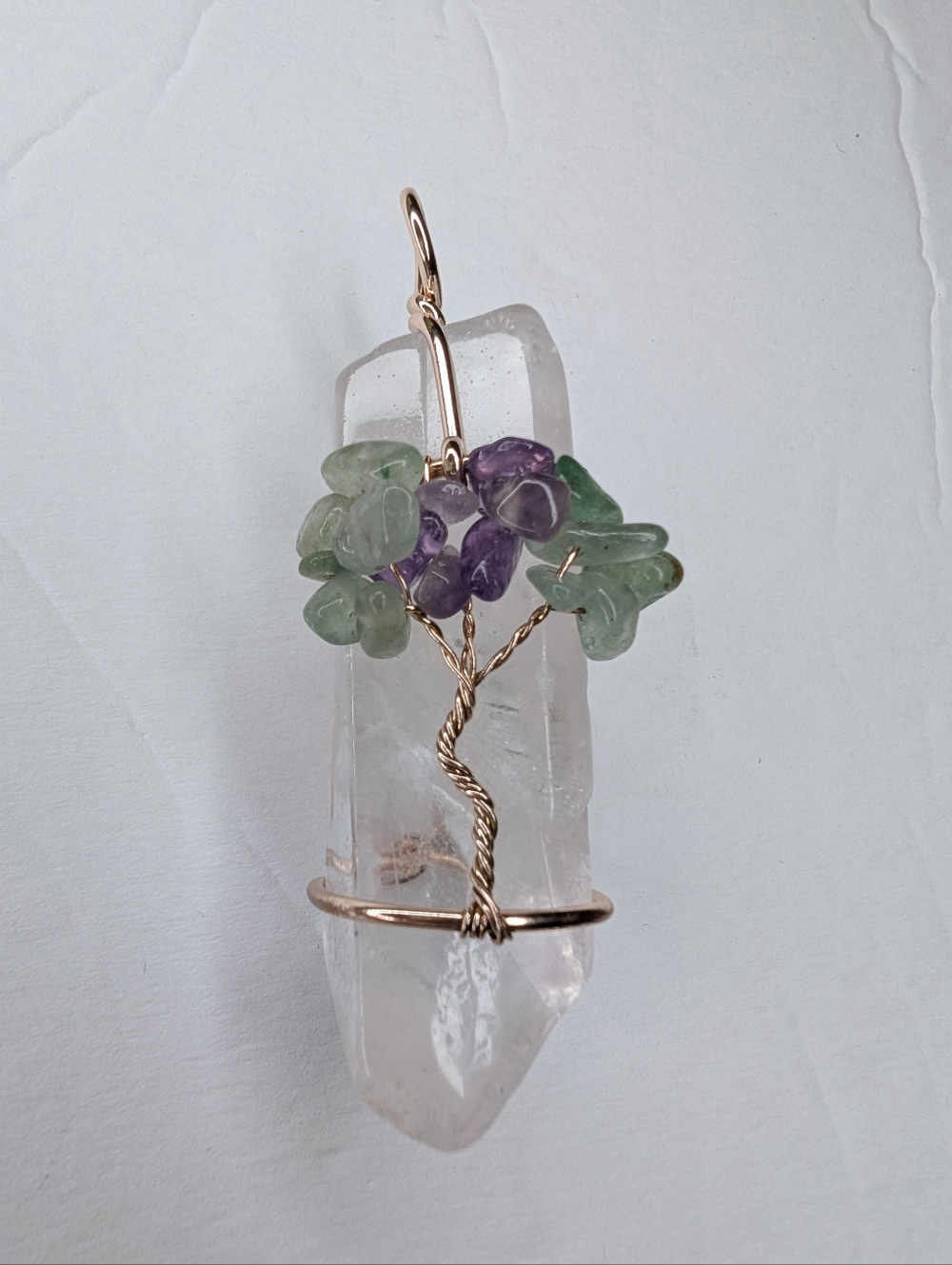 Crystal Point Tree of Life Pendant with Green and Purple Chips